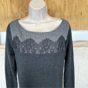 Three dots knit sweater dress lace trim gray winter casual lambswool blend